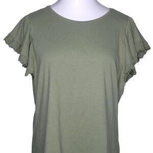 Time & Tru Womens Tshirt Top XL Sage Green Flutter Sleeve Lace Trim